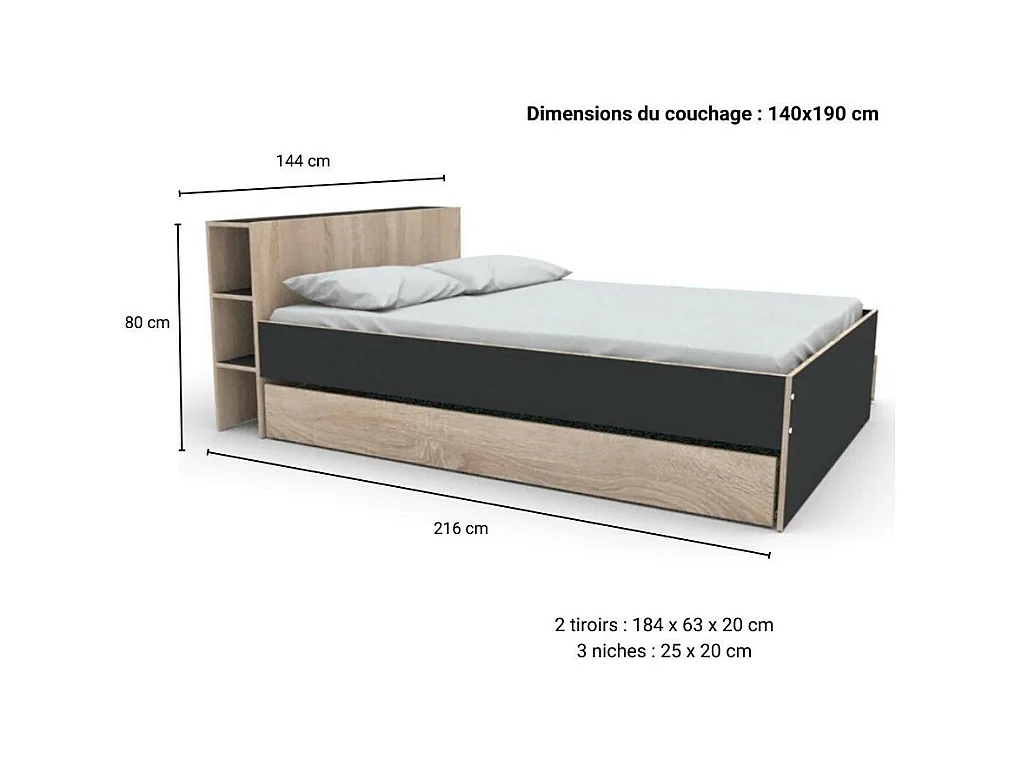 Lit 2 places 140x190cm Noir et chêne ROGO inclus sommier et tete de lit avec étageres et 2 tiroirs