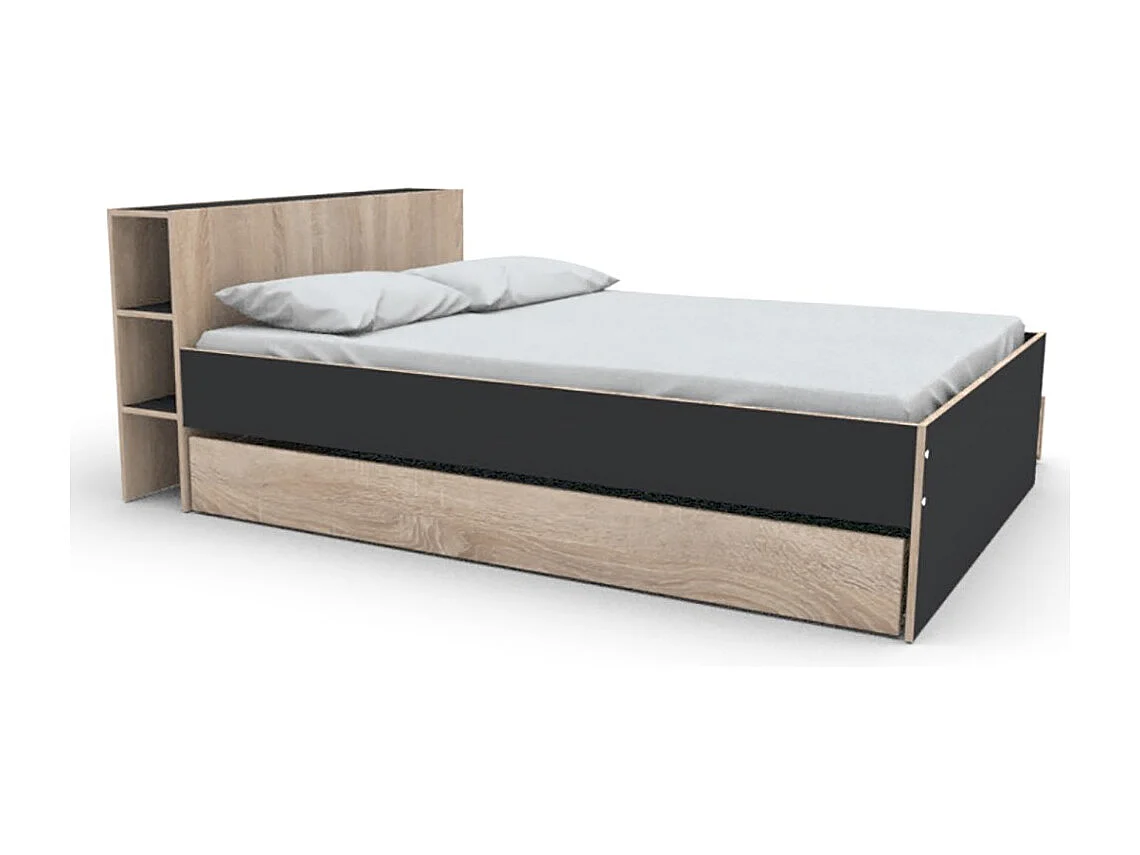 Lit 2 places 140x190cm Noir et chêne ROGO inclus sommier et tete de lit avec étageres et 2 tiroirs