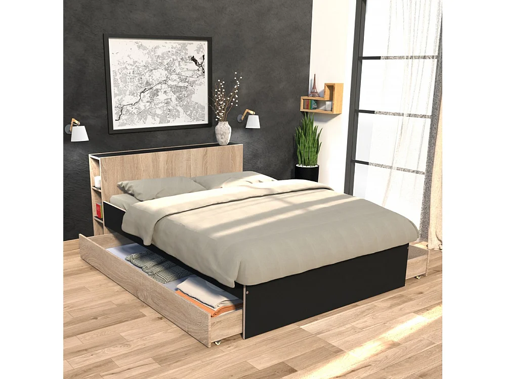 Lit 2 places 140x190cm Noir et chêne ROGO inclus sommier et tete de lit avec étageres et 2 tiroirs