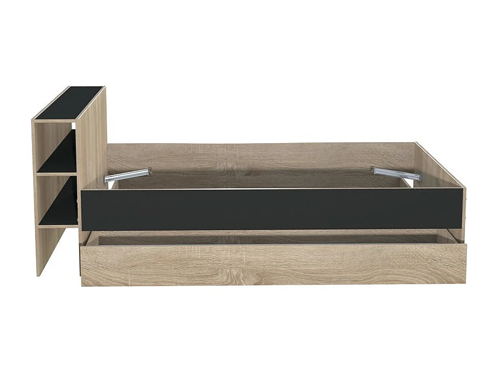 Lit 2 places 140x190cm Noir et chêne ROGO inclus sommier et tete de lit avec étageres et 2 tiroirs