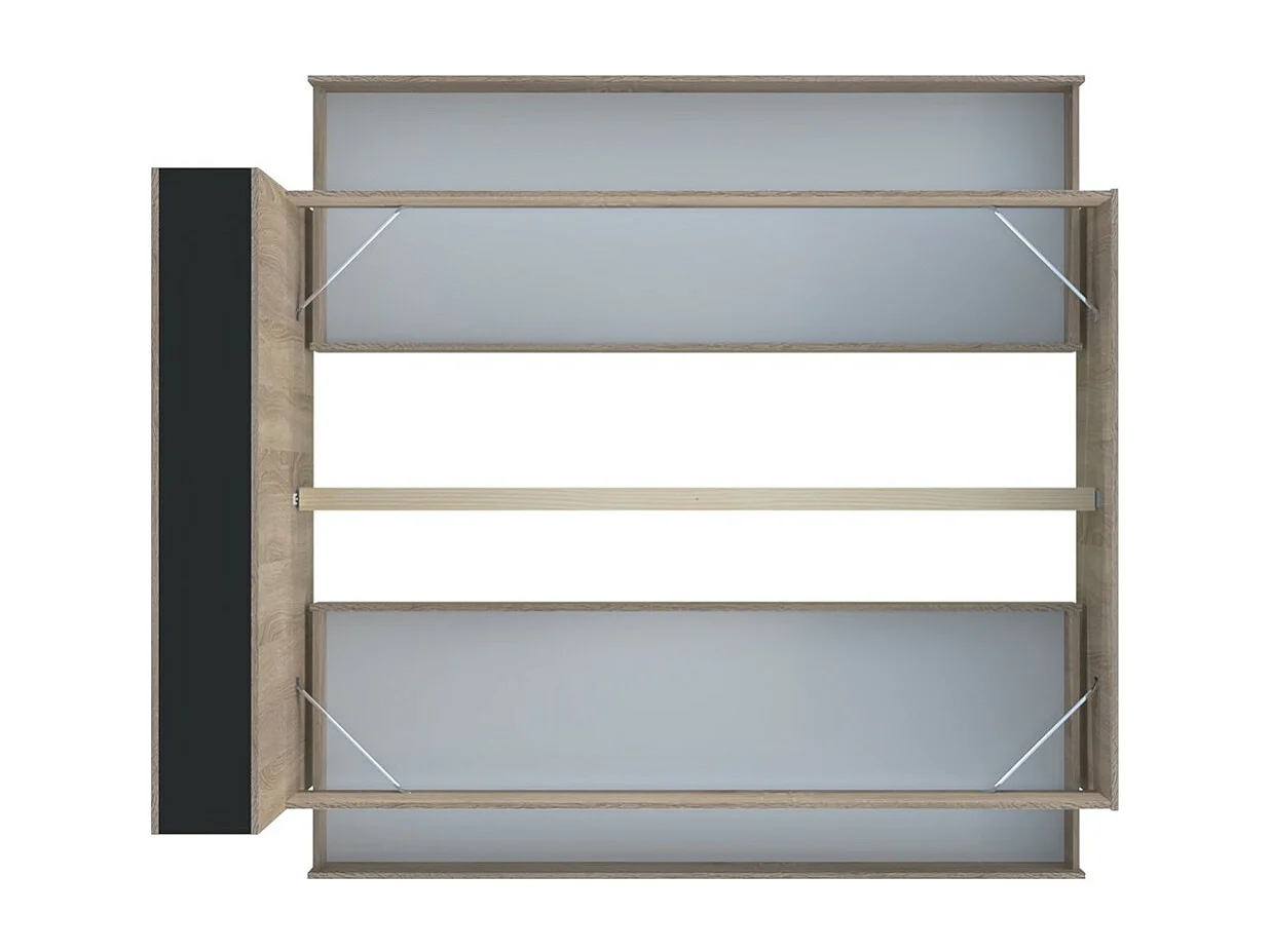 Lit 2 places 140x190cm Noir et chêne ROGO inclus sommier et tete de lit avec étageres et 2 tiroirs