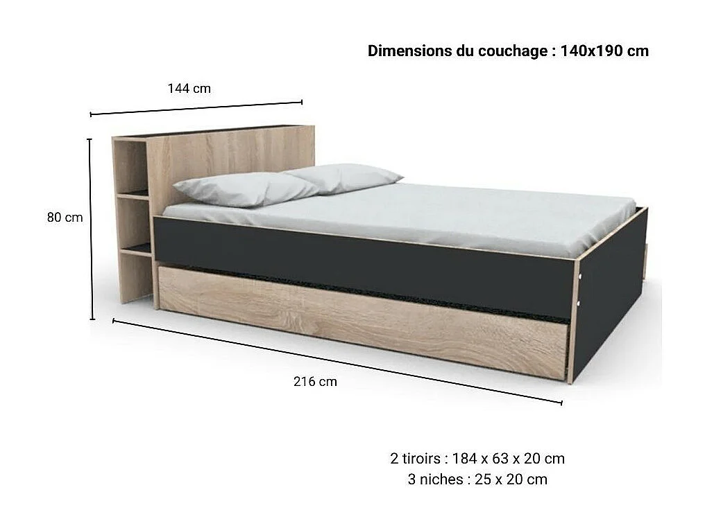 Lit 2 places 140x190cm Noir et chêne ROGO inclus sommier et tete de lit avec étageres et 2 tiroirs