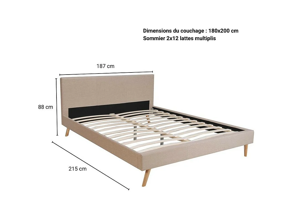 Lit 2 places 180x200cm Beige FIONI inclus sommier et tête de lit