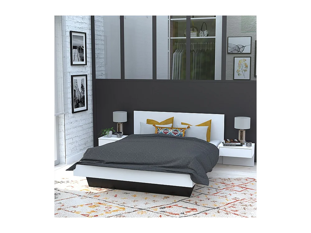 Lit 2 places 140x190cm Blanc CAIL inclus sommier et 2 chevets