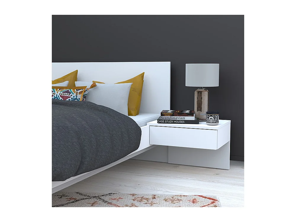 Lit 2 places 140x190cm Blanc CAIL inclus sommier et 2 chevets