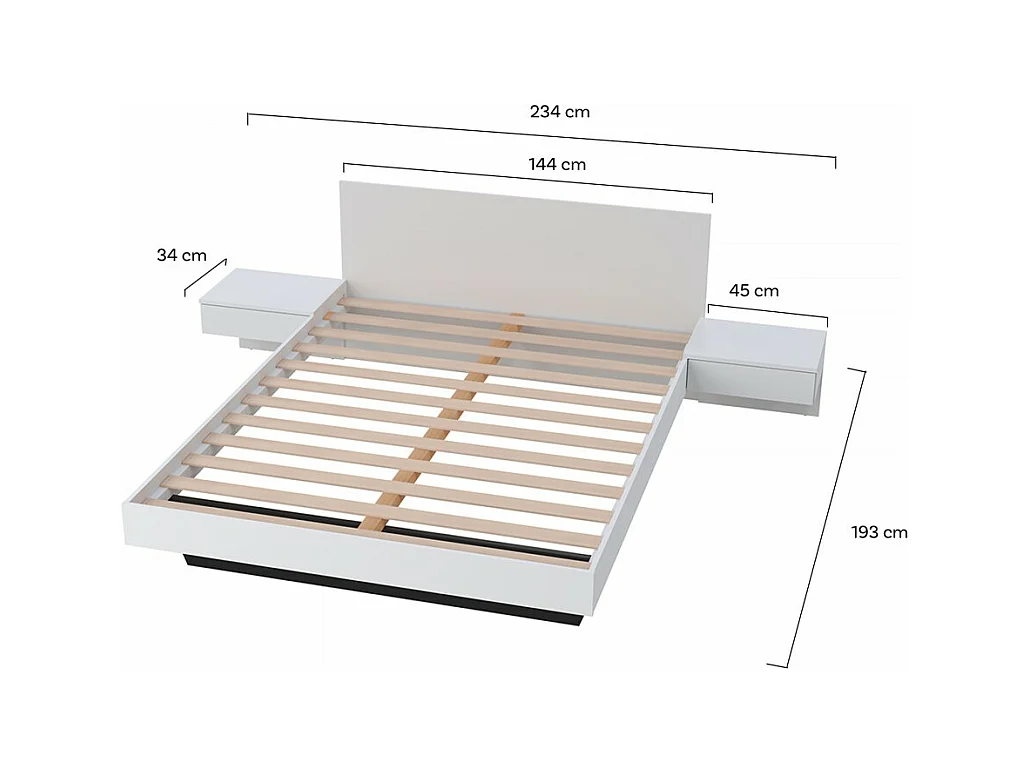 Lit 2 places 140x190cm Blanc CAIL inclus sommier et 2 chevets