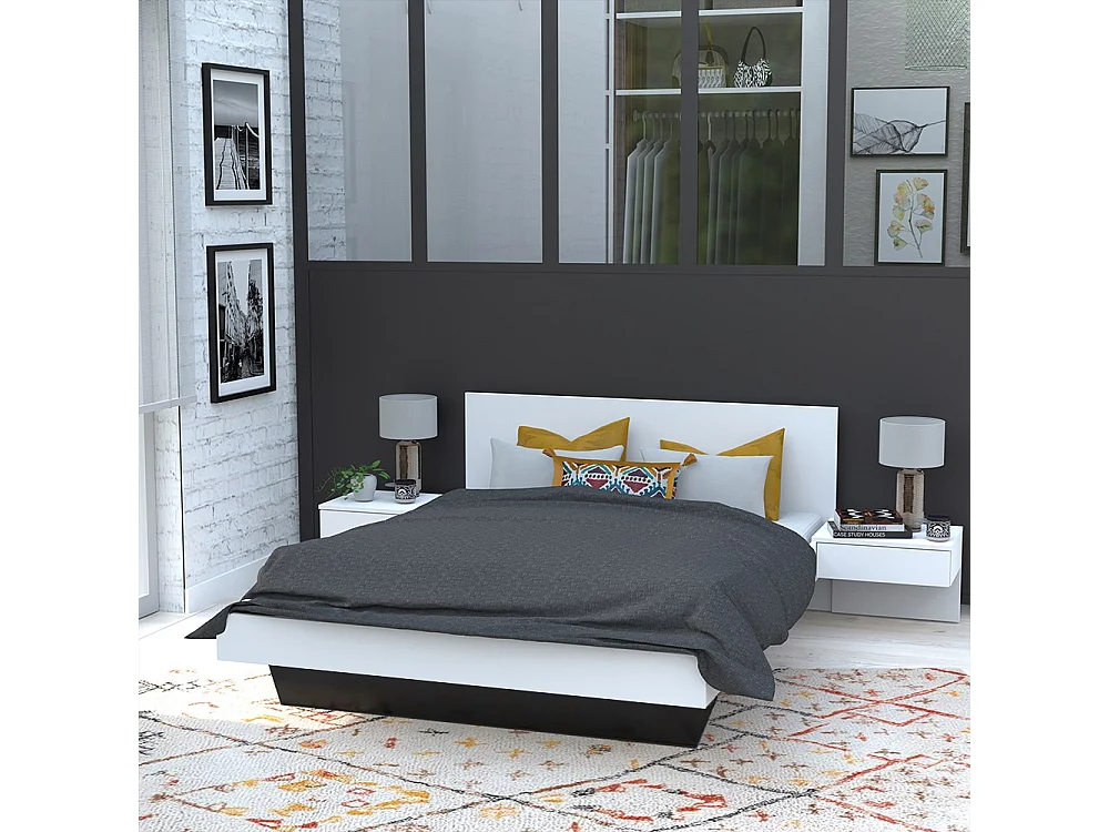 Lit 2 places 140x190cm Blanc CAIL inclus sommier et 2 chevets