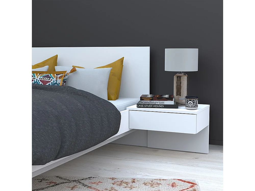 Lit 2 places 140x190cm Blanc CAIL inclus sommier et 2 chevets