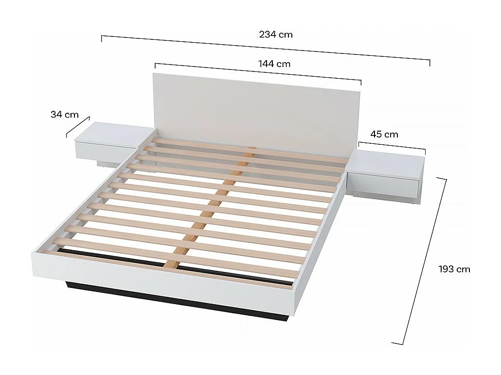 Lit 2 places 140x190cm Blanc CAIL inclus sommier et 2 chevets