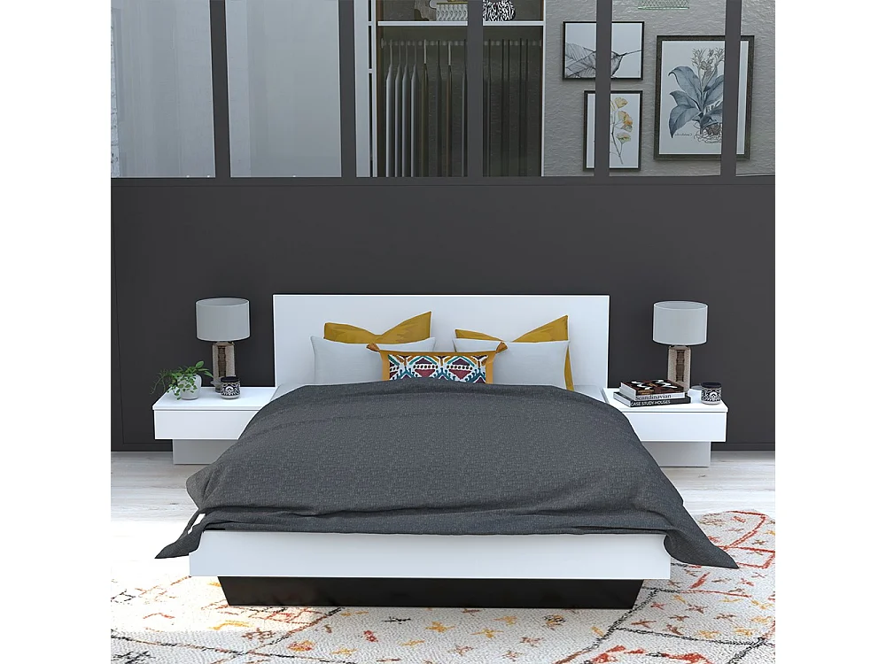 Lit 2 places 140x190cm Blanc CAIL inclus sommier et 2 chevets