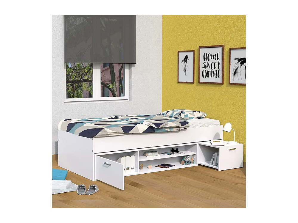 Lit 1 place 90x190cm avec rangement incl. Sommier chevet et étagère