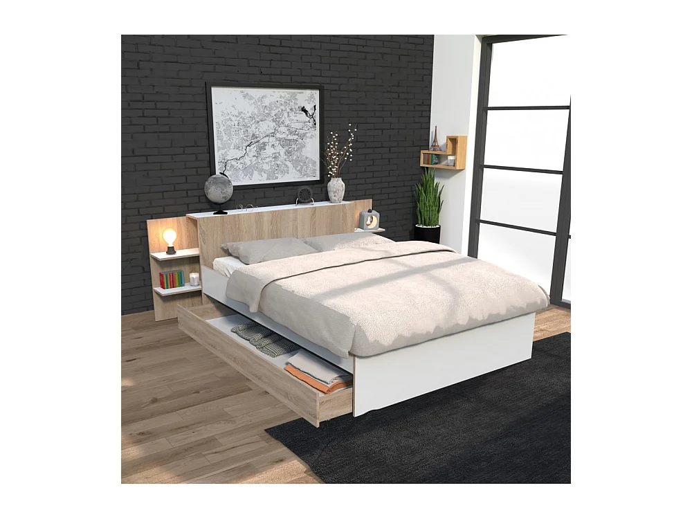 Lit 2 places 140x190cm Blanc et chêne CITA inclus sommier et tete de lit chevet et tiroir