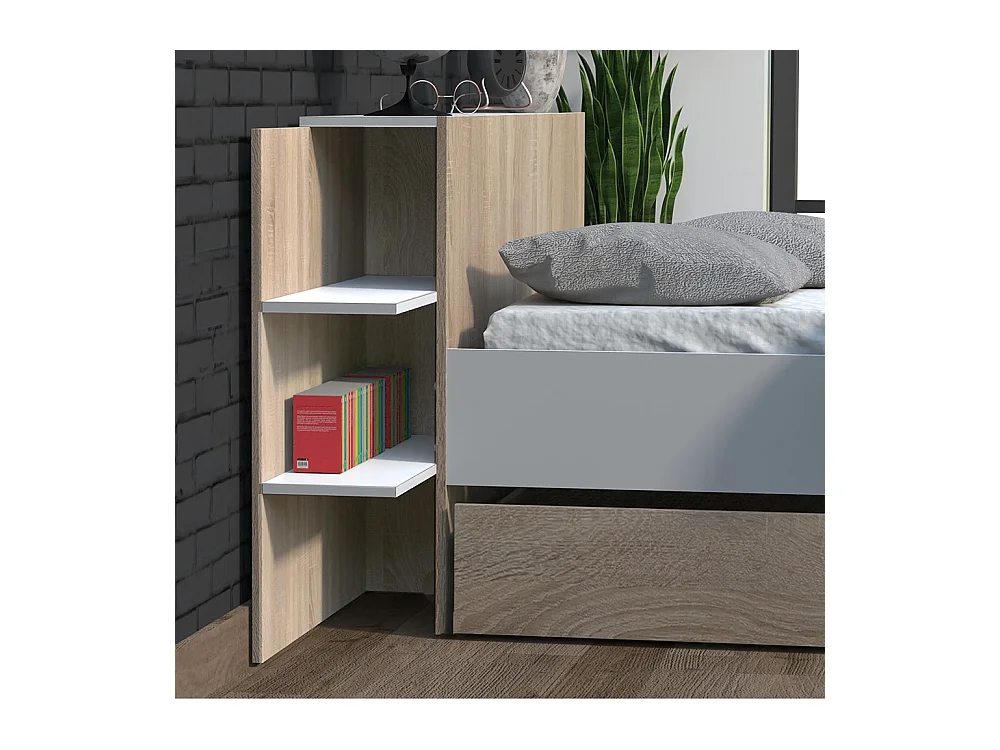 Lit 2 places 140x190cm Blanc et chêne CITA inclus sommier et tete de lit chevet et tiroir