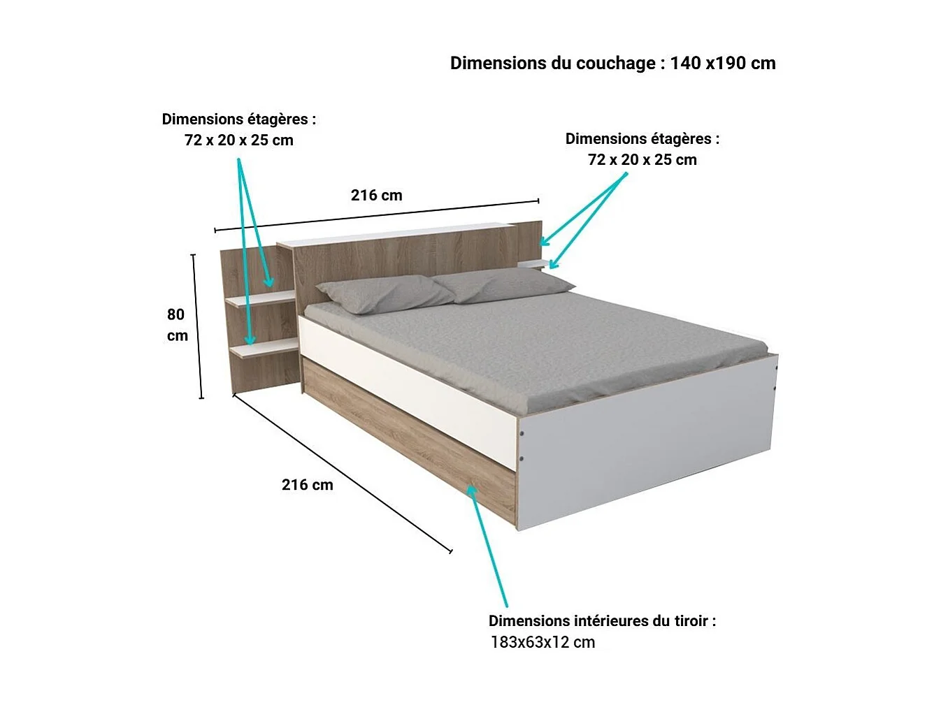 Lit 2 places 140x190cm Blanc et chêne CITA inclus sommier et tete de lit chevet et tiroir