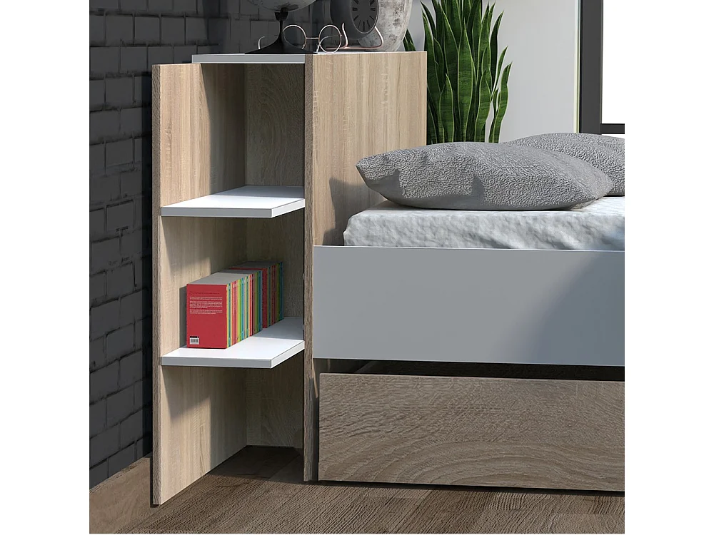 Lit 2 places 140x190cm Blanc et chêne CITA inclus sommier et tete de lit chevet et tiroir