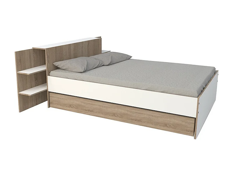 Lit 2 places 140x190cm Blanc et chêne CITA inclus sommier et tete de lit chevet et tiroir