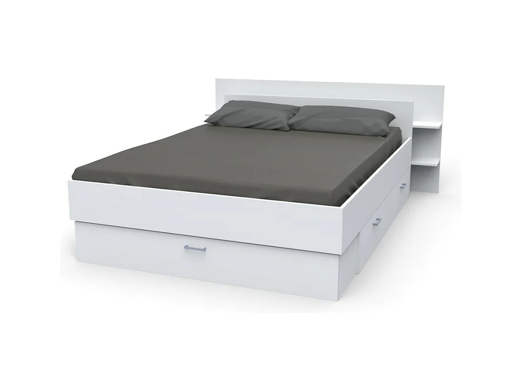 Lit 2 places 140x190cm Blanc SAND inclus sommier et tete de lit et 2 tiroirs