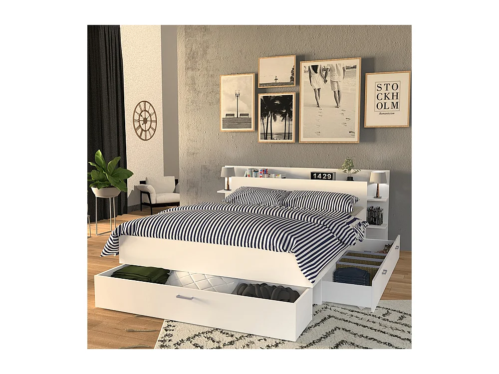 Lit 2 places 140x190cm Blanc SAND inclus sommier et tete de lit et 2 tiroirs