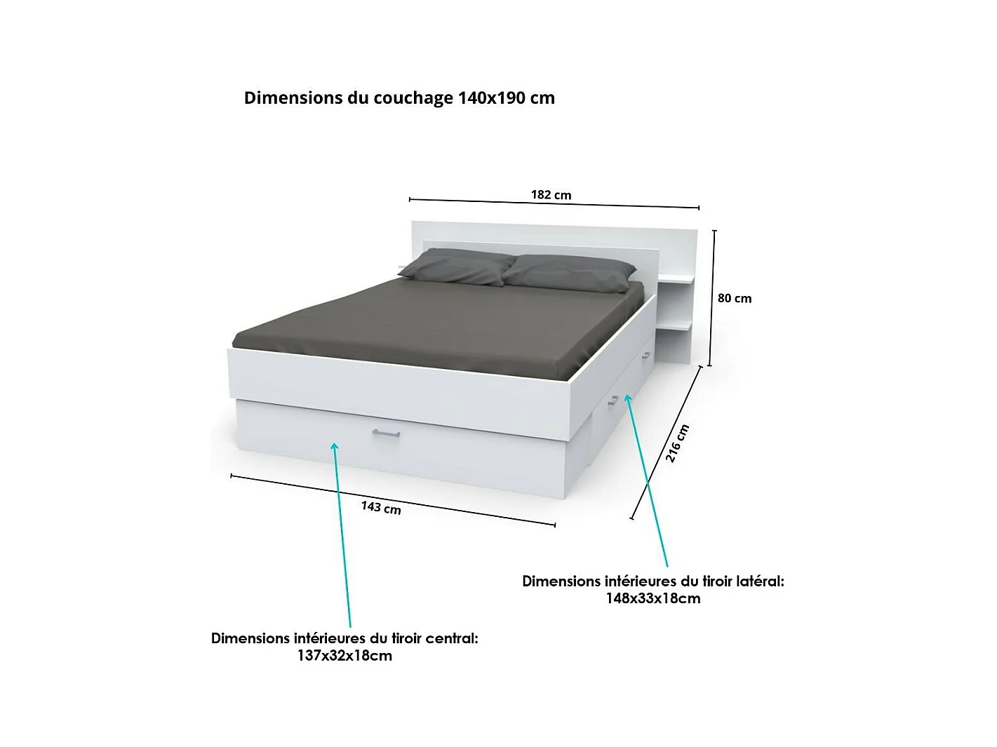 Lit 2 places 140x190cm Blanc SAND inclus sommier et tete de lit et 2 tiroirs
