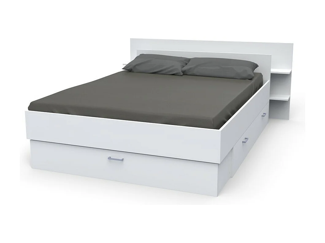 Lit 2 places 140x190cm Blanc SAND inclus sommier et tete de lit et 2 tiroirs