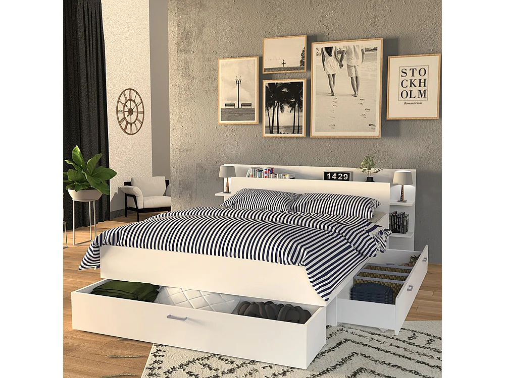 Lit 2 places 140x190cm Blanc SAND inclus sommier et tete de lit et 2 tiroirs