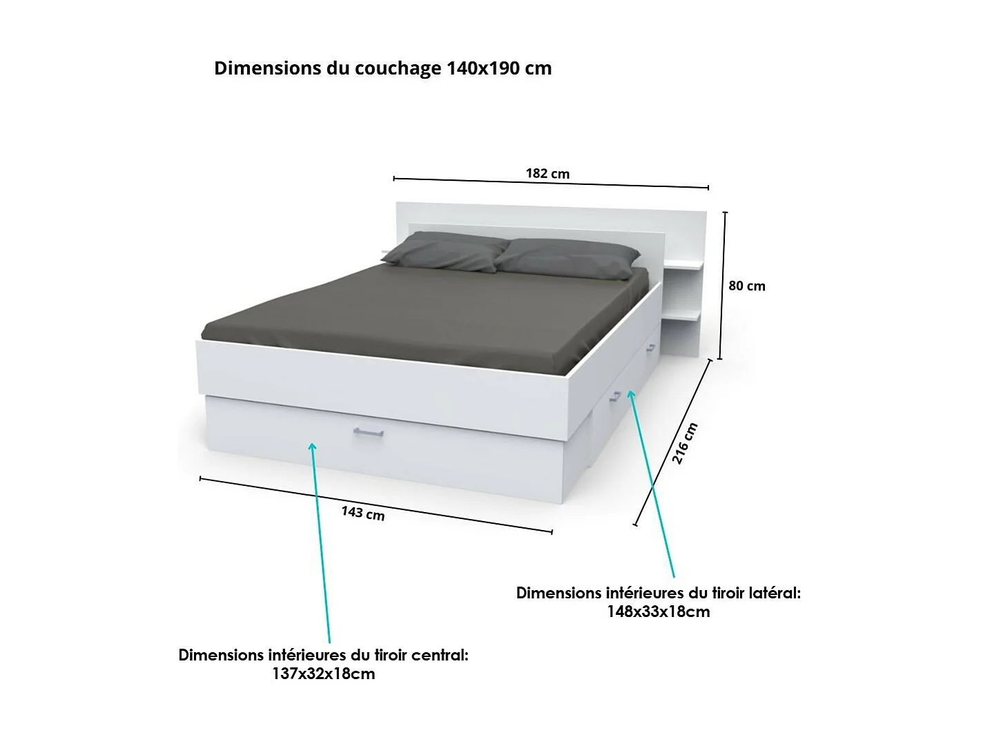 Lit 2 places 140x190cm Blanc SAND inclus sommier et tete de lit et 2 tiroirs