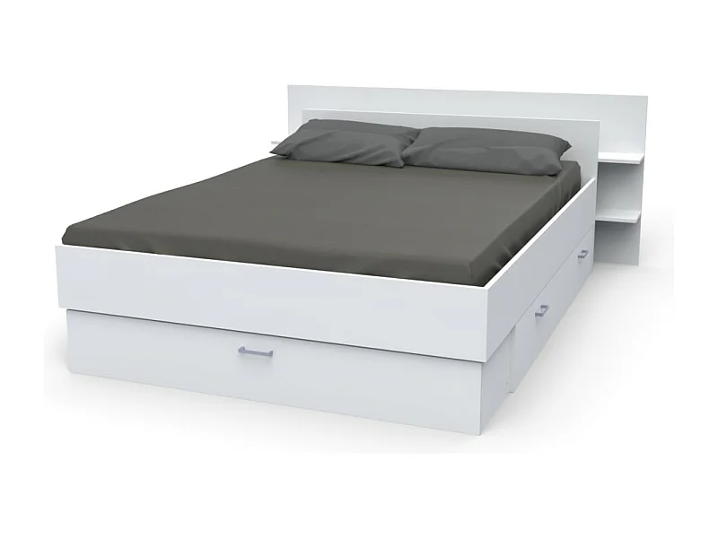 Lit 2 places 140x190cm Blanc SAND inclus sommier et tete de lit et 2 tiroirs