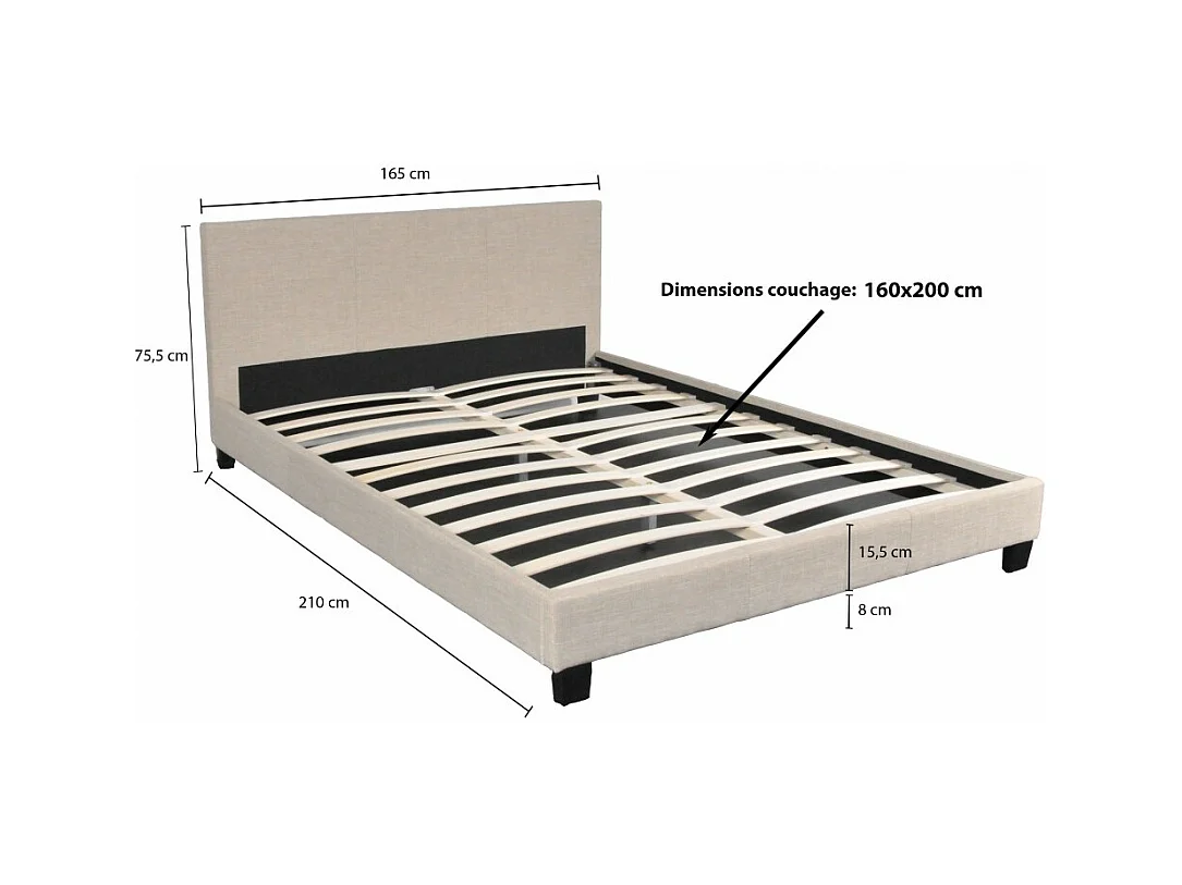 Lit 2 places 160x200cm Tissu Beige avec sommier DUSIN