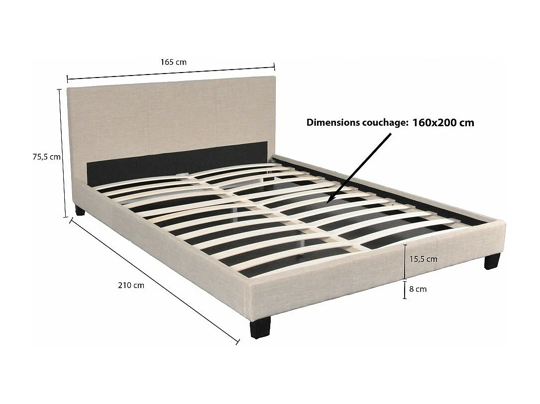 Lit 2 places 160x200cm Tissu Beige avec sommier DUSIN