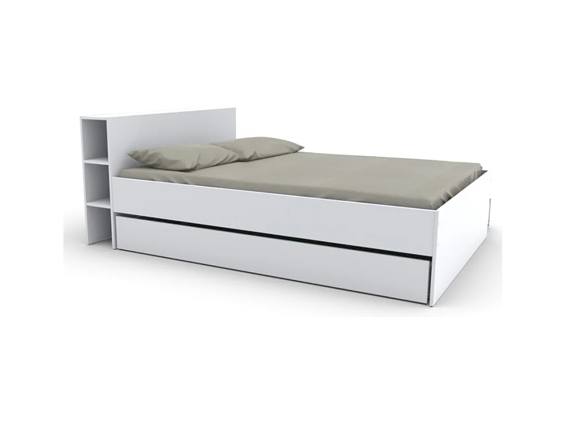 Lit 2 places 140x190cm Blanc ROGO inclus sommier et tete de lit avec étageres et 1 tiroir