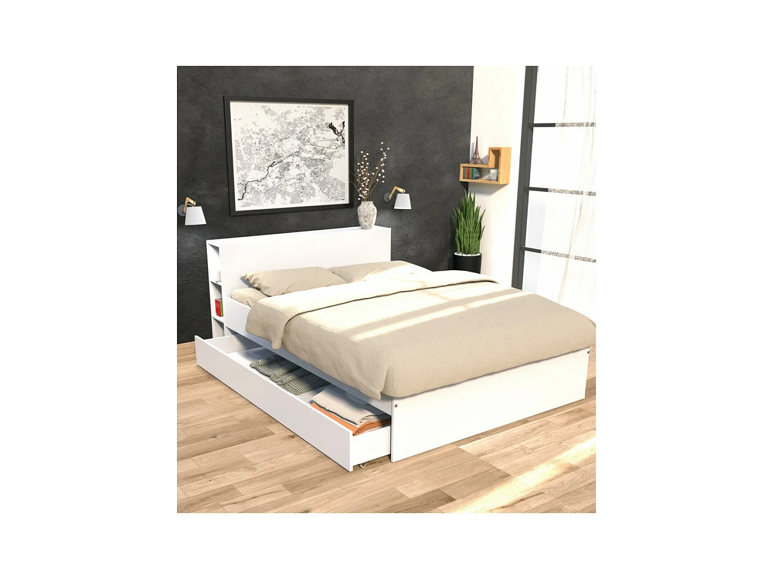 Lit 2 places 140x190cm Blanc ROGO inclus sommier et tete de lit avec étageres et 1 tiroir