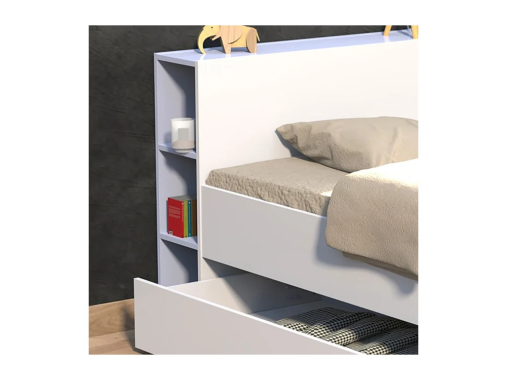 Lit 2 places 140x190cm Blanc ROGO inclus sommier et tete de lit avec étageres et 1 tiroir