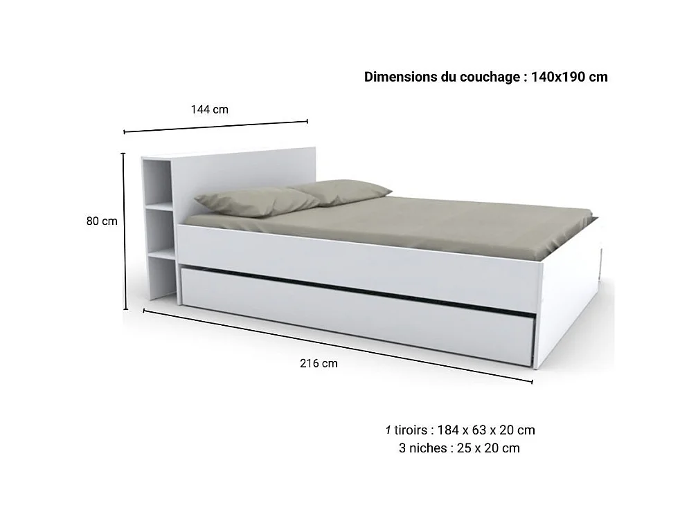 Lit 2 places 140x190cm Blanc ROGO inclus sommier et tete de lit avec étageres et 1 tiroir