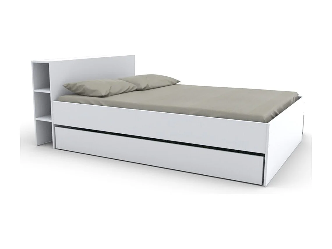 Lit 2 places 140x190cm Blanc ROGO inclus sommier et tete de lit avec étageres et 1 tiroir
