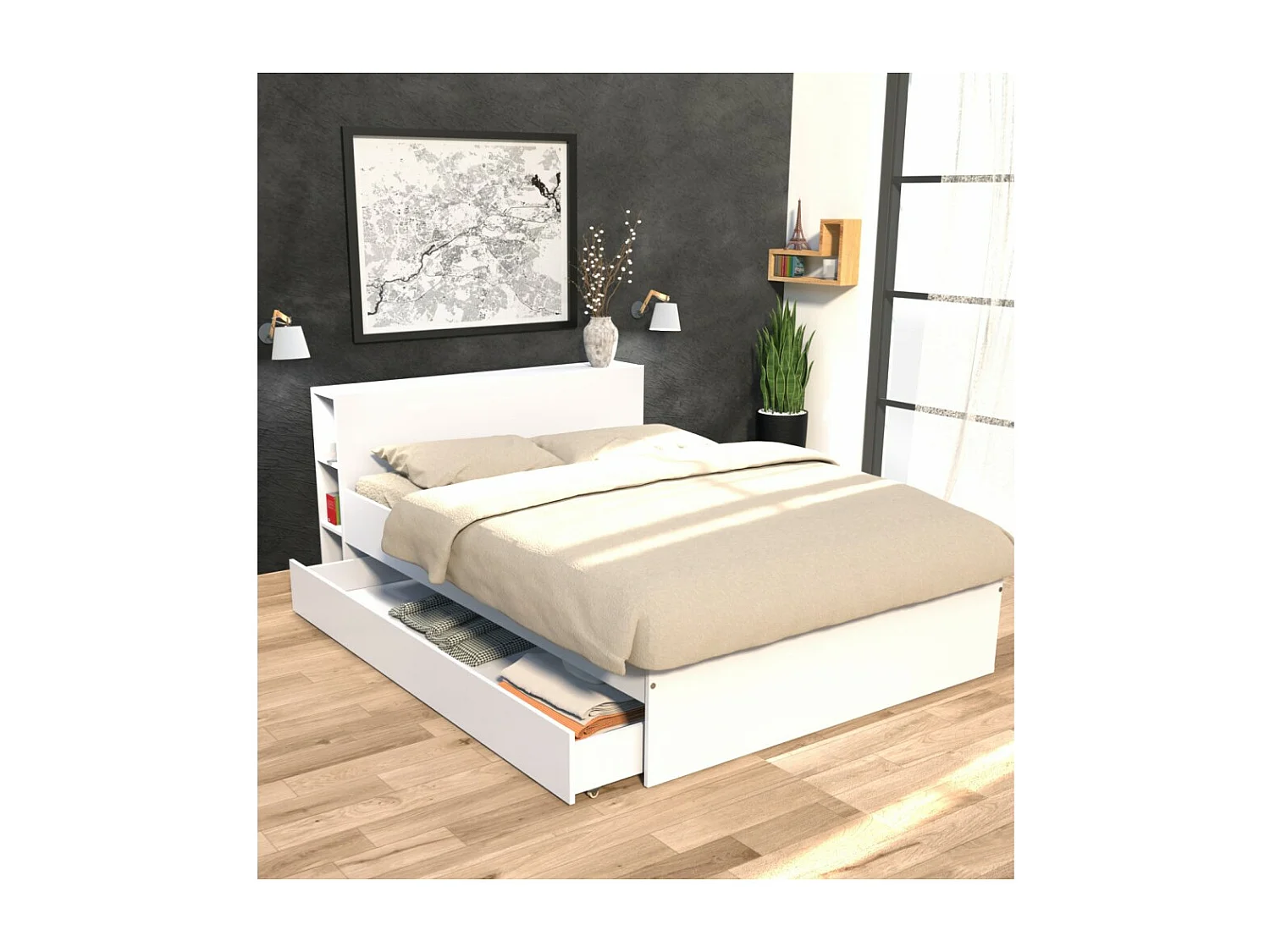 Lit 2 places 140x190cm Blanc ROGO inclus sommier et tete de lit avec étageres et 1 tiroir