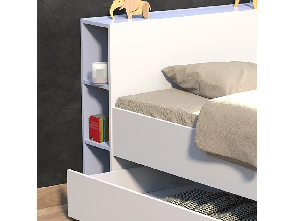 Lit 2 places 140x190cm Blanc ROGO inclus sommier et tete de lit avec étageres et 1 tiroir