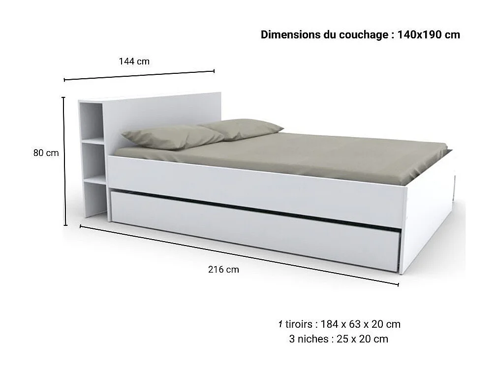 Lit 2 places 140x190cm Blanc ROGO inclus sommier et tete de lit avec étageres et 1 tiroir