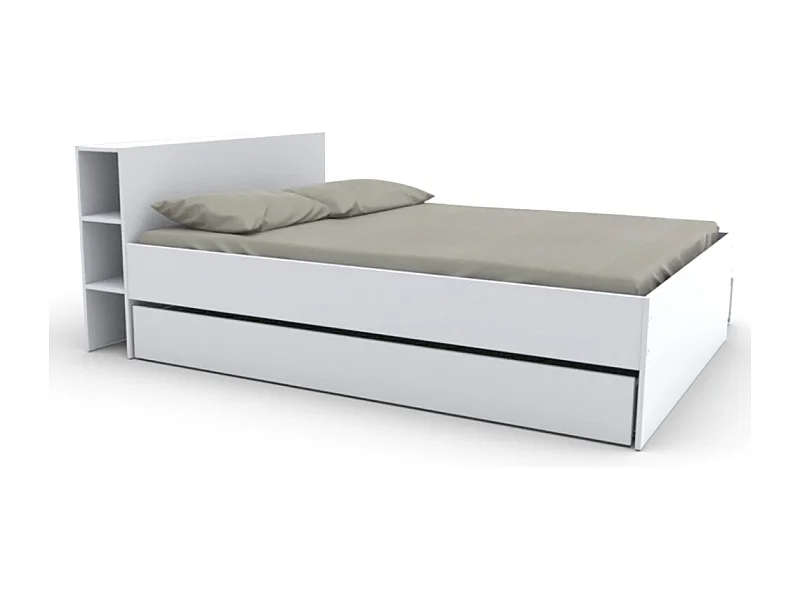 Lit 2 places 140x190cm Blanc ROGO inclus sommier et tete de lit avec étageres et 1 tiroir