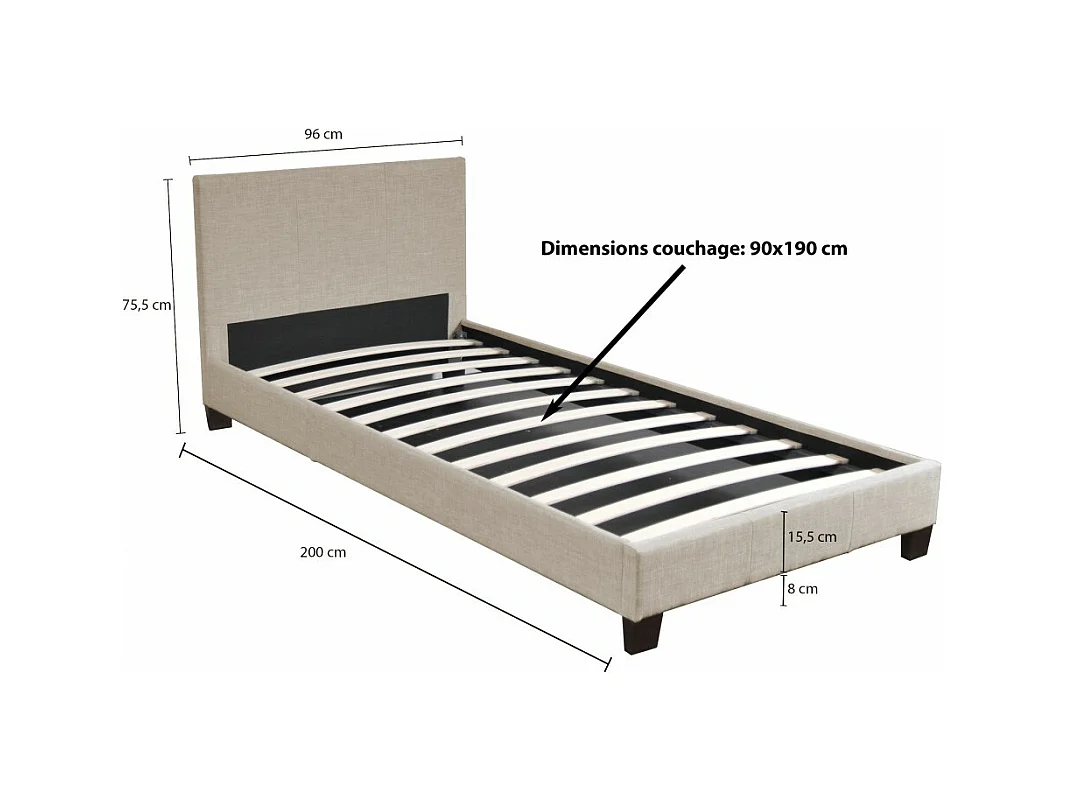 Lit 1 place 90x190cm Tissu Beige avec sommier DUSIN