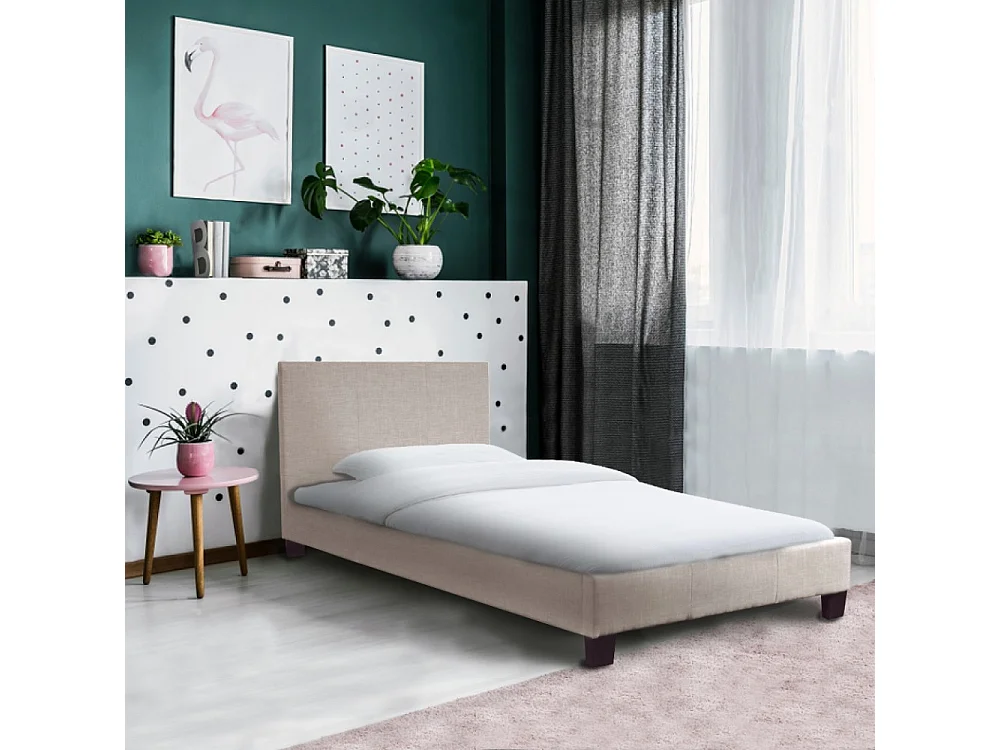 Lit 1 place 90x190cm Tissu Beige avec sommier DUSIN