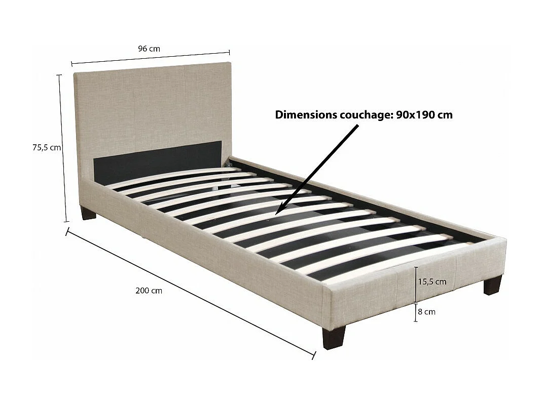 Lit 1 place 90x190cm Tissu Beige avec sommier DUSIN