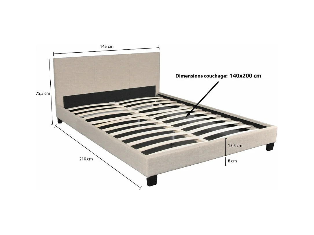 Lit 2 places 140x200cm Tissu Beige avec sommier DUSIN