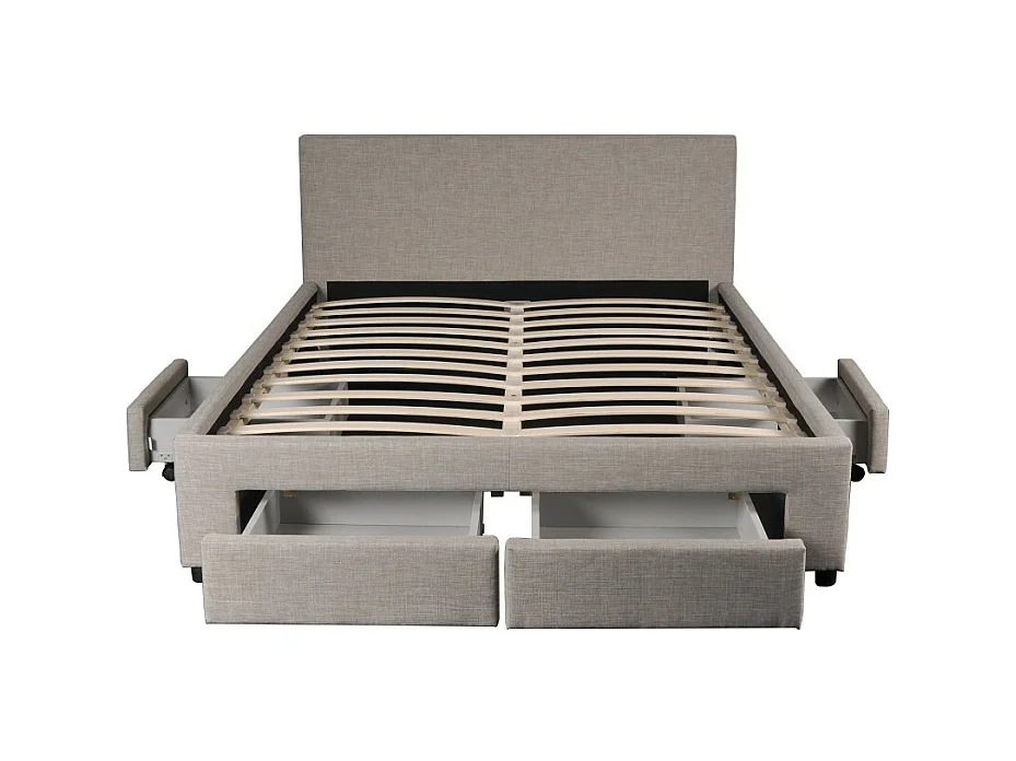 Lit 2 places 140x190cm Tissu Gris clair LOUGNE inclus sommier et 4 tiroirs