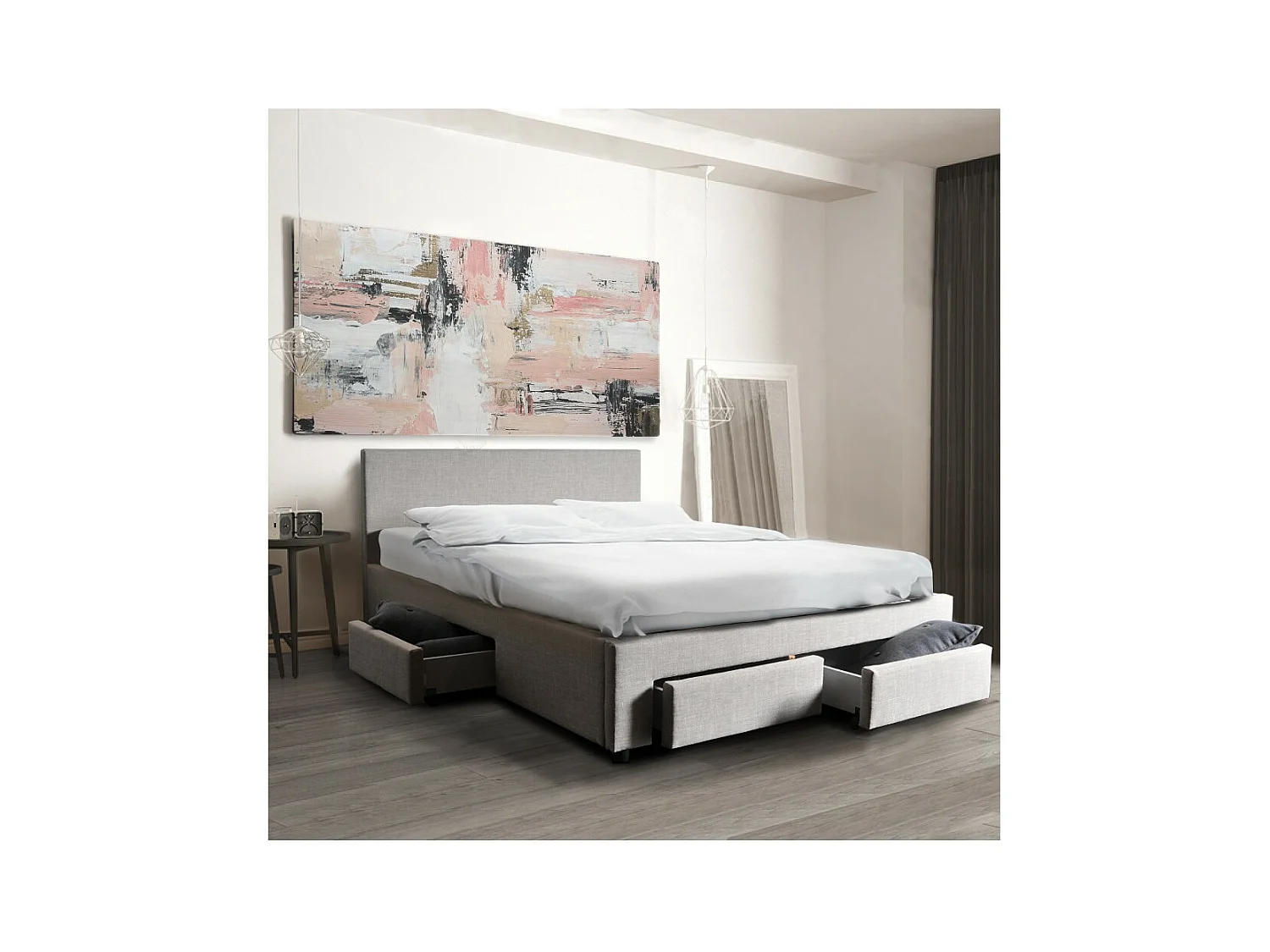 Lit 2 places 140x190cm Tissu Gris clair LOUGNE inclus sommier et 4 tiroirs