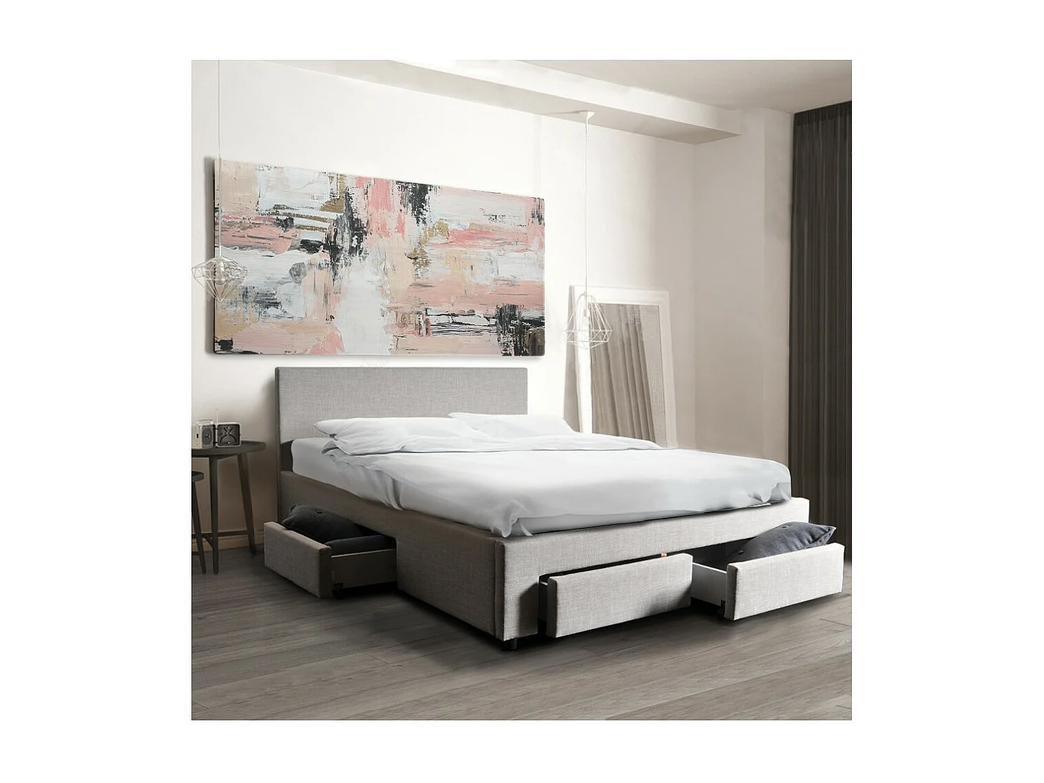 Lit 2 places 140x190cm Tissu Gris clair LOUGNE inclus sommier et 4 tiroirs