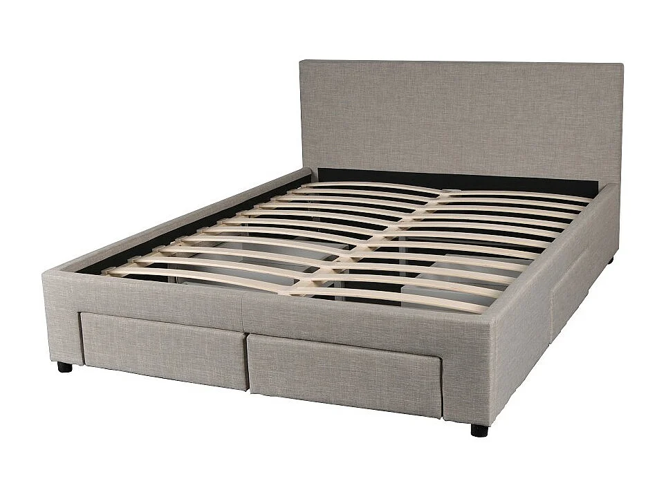 Lit 2 places 140x190cm Tissu Gris clair LOUGNE inclus sommier et 4 tiroirs