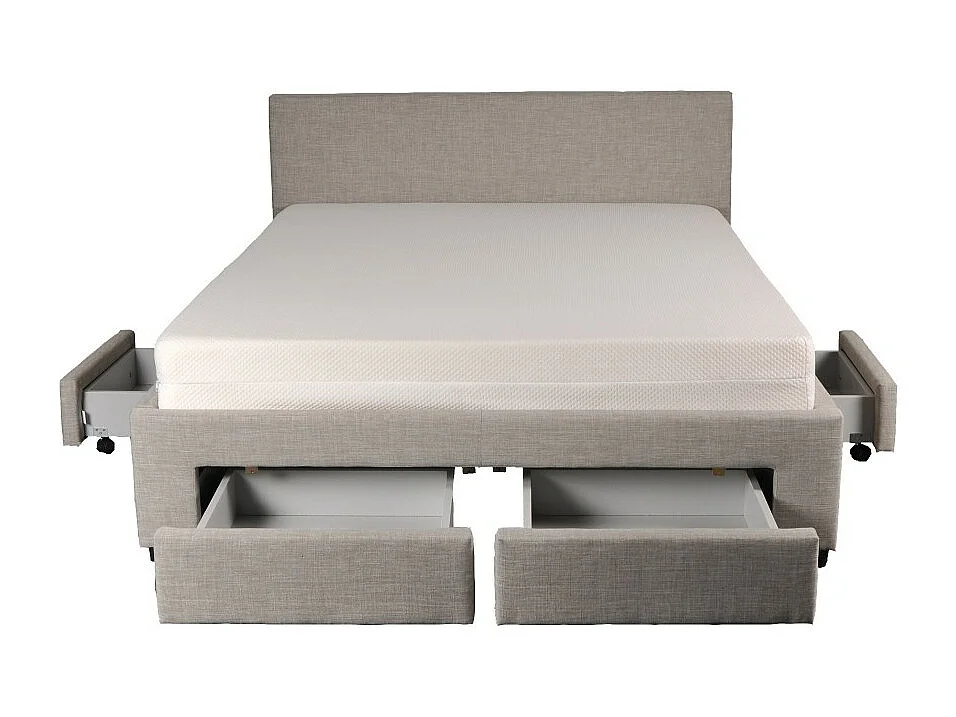 Lit 2 places 140x190cm Tissu Gris clair LOUGNE inclus sommier et 4 tiroirs