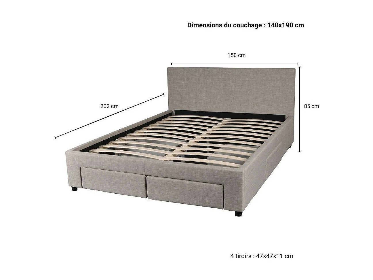 Lit 2 places 140x190cm Tissu Gris clair LOUGNE inclus sommier et 4 tiroirs