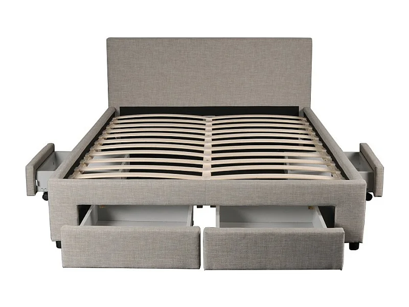 Lit 2 places 140x190cm Tissu Gris clair LOUGNE inclus sommier et 4 tiroirs