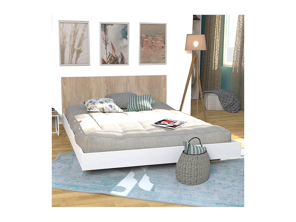 Lit 2 places 140x190cm Blanc et chêne LIFA inclus sommier et tête de lit